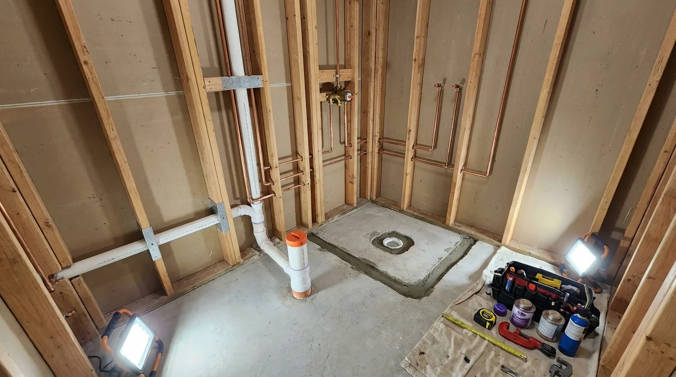 Bathroom rough-in plumbing during remodel by Johns Plumbing LLC in Rossford