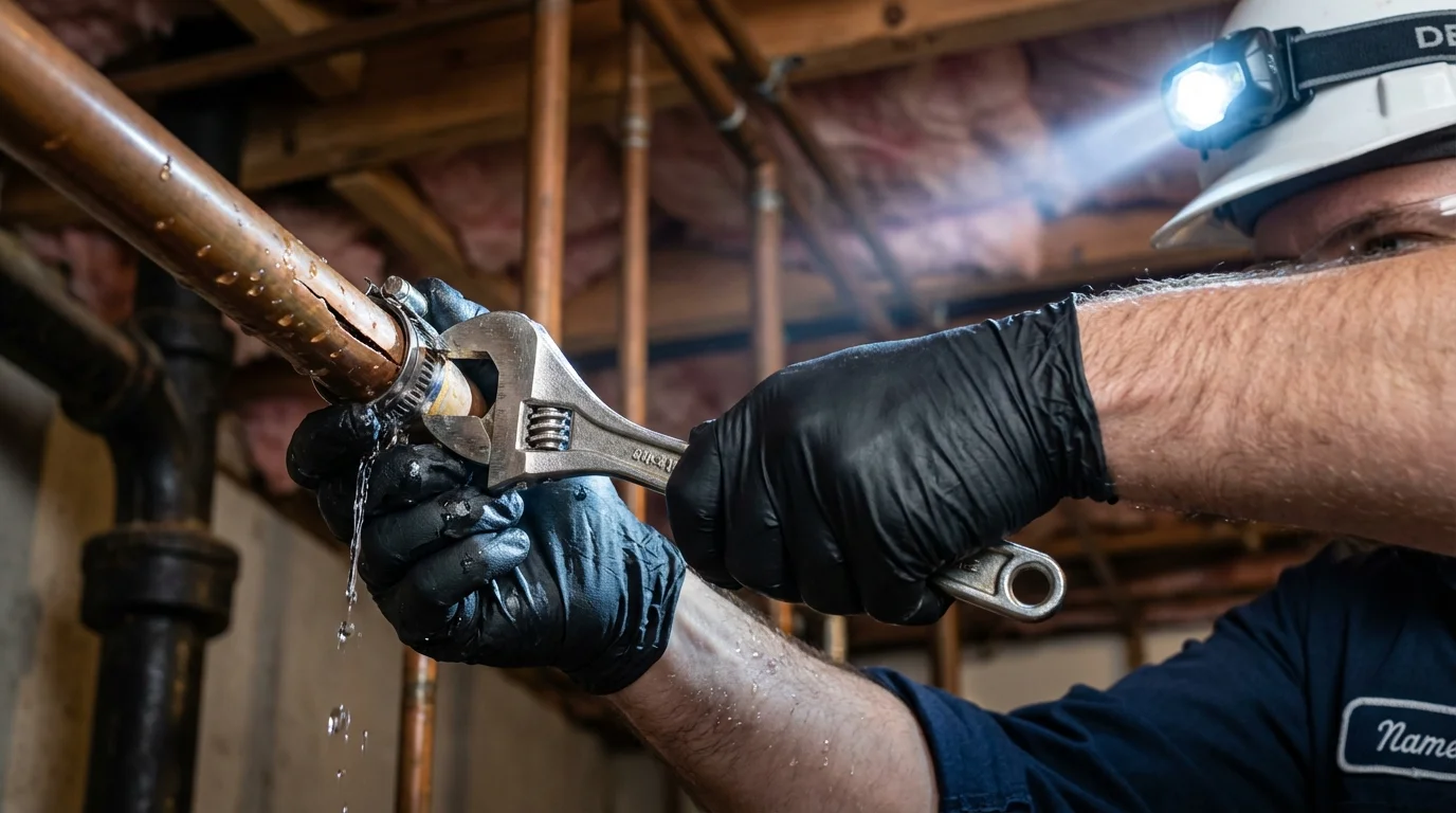 Emergency pipe clamp repair being performed by a Johns Plumbing LLC plumber in Rossford