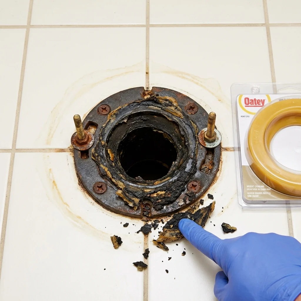 Failed wax ring showing water seepage at the base of a toilet in a Rossford, OH home