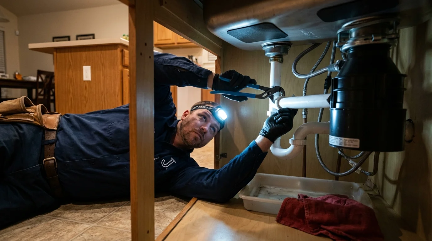 P-trap and supply line connections under a kitchen sink showing a common leak point in Rossford, OH